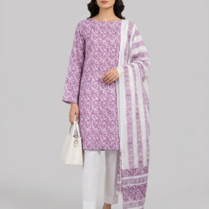 Light Lavender with Mauve & Plum Purple Block Print Pure Lawn Unstitched Suit | White Broshia Dupatta with Mauve & Plum Purple Block Print