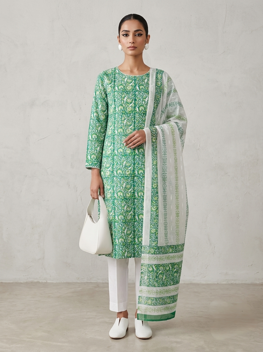 emerald-green-with-light-green-white-floral-paisley-print-pure-lawn-unstitched-suit-white-broshia-dupatta
