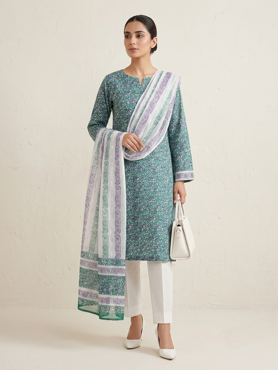 emerald-green-purple-hand-block-printed-pure-lawn-suit-with-broshia-dupatta
