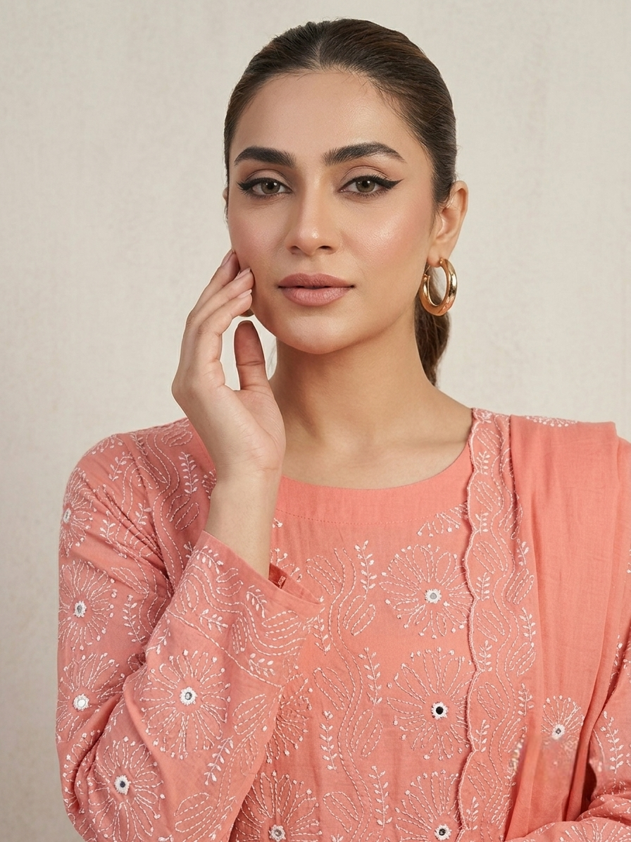 Coral Peach Chikankari Shisha 2-Piece Pure Lawn Suit – Handmade Embroidered Unstitched Suit - Image 2