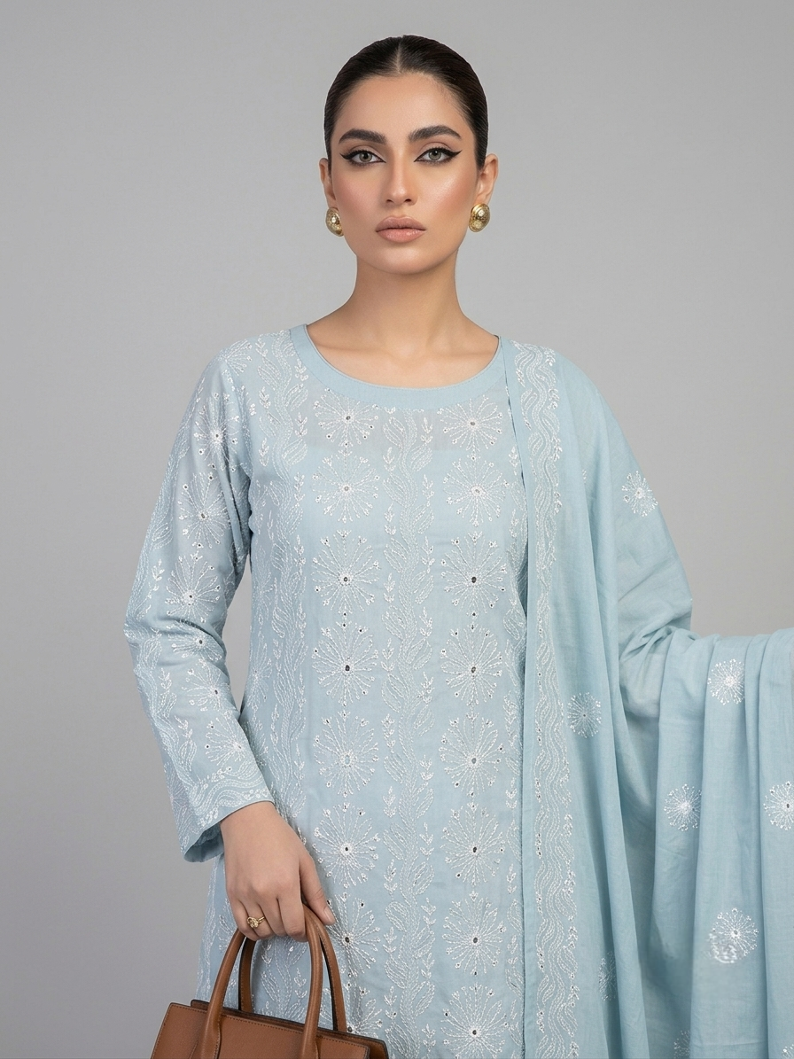 Ash Blue Chikankari Shisha 2-Piece Pure Lawn Suit – Handmade Embroidered Unstitched Suit - Image 2