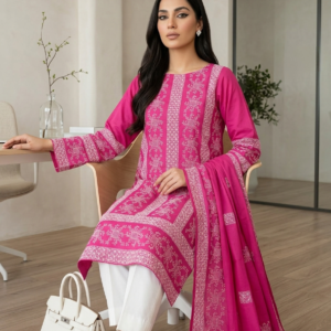 Shocking Pink with White Paisley & Floral Chikankari Premium Pure Lawn Unstitched Suit | Shocking Pink Pure Lawn Dupatta