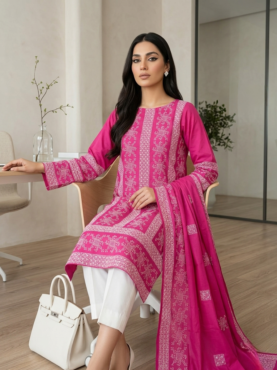 Shocking Pink with White Paisley & Floral Chikankari Premium Pure Lawn Unstitched Suit | Shocking Pink Pure Lawn Dupatta
