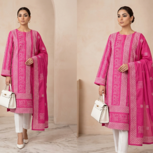 Shocking Pink with White Handmade Tarkashi & Chikankari Premium Pure Lawn Unstitched Suit | Shocking Pink Pure Lawn Dupatta