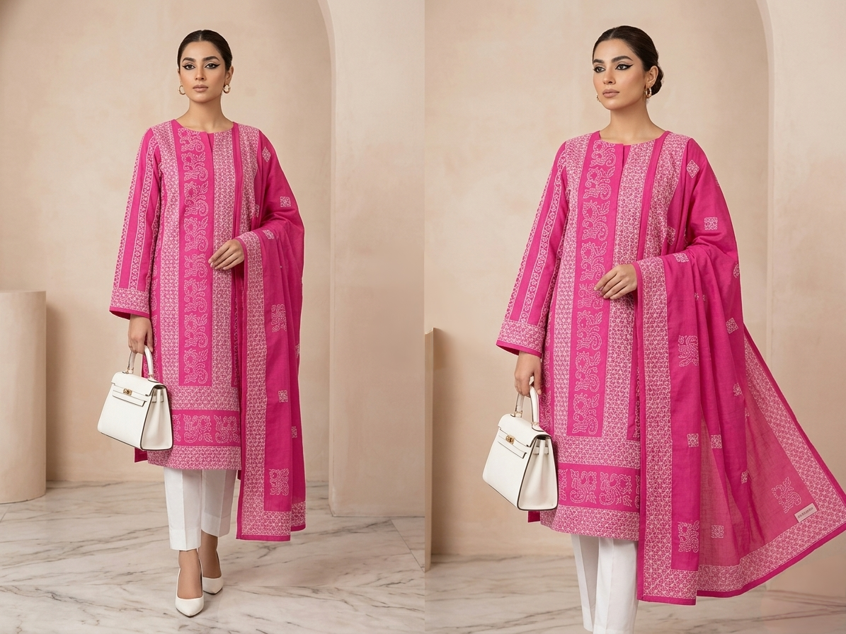 Shocking Pink with White Handmade Tarkashi & Chikankari Premium Pure Lawn Unstitched Suit | Shocking Pink Pure Lawn Dupatta