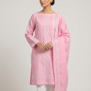 Tea Pink with White Floral Vine Hand Embroidery Pure Lawn Unstitched Suit | Tea Pink Pure Lawn Dupatta