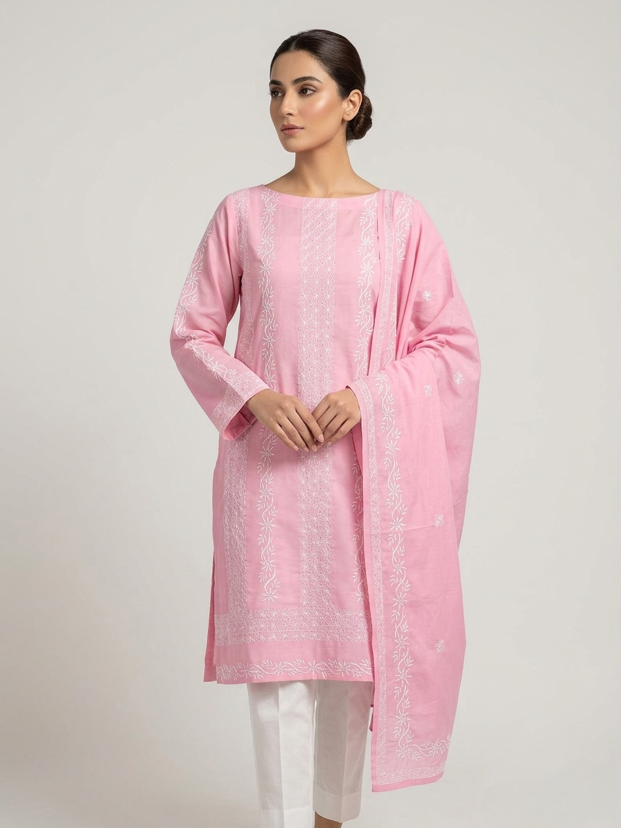 Tea Pink with White Floral Vine Hand Embroidery Pure Lawn Unstitched Suit | Tea Pink Pure Lawn Dupatta