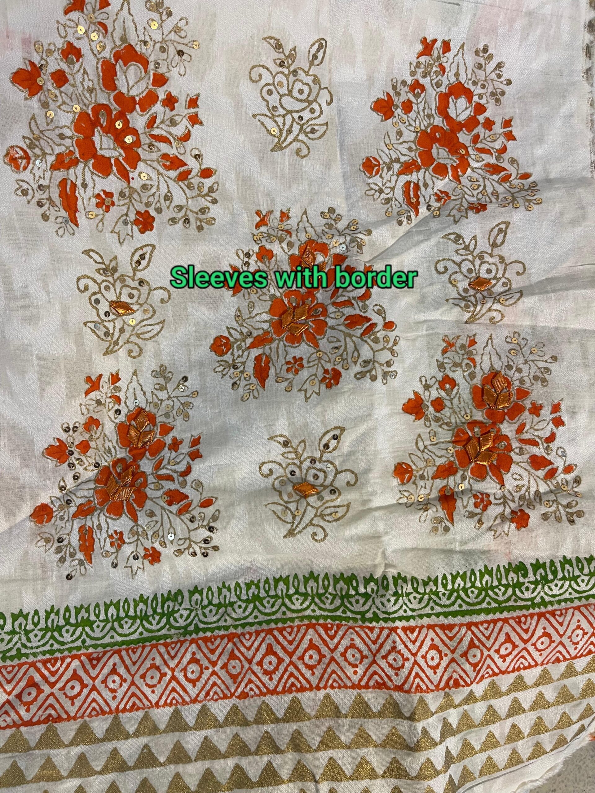 Off-White with Orange & Multicolor Gota Kari Block Print Textured Lawn Unstitched Suit | Off-White Rangoli Lawn Jacquard Dupatta - Image 3