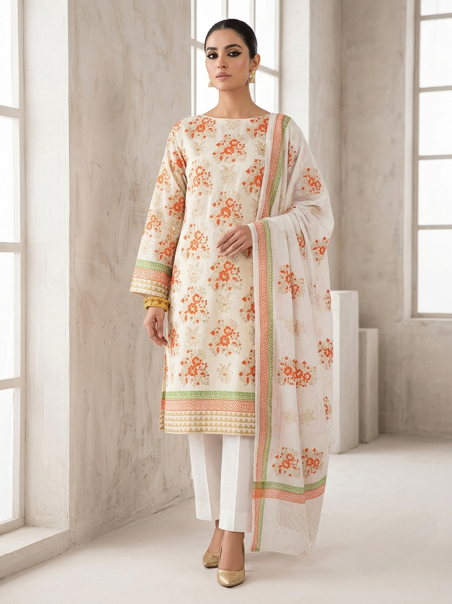 Off-White with Orange & Multicolor Gota Kari Block Print Textured Lawn Unstitched Suit | Off-White Rangoli Lawn Jacquard Dupatta