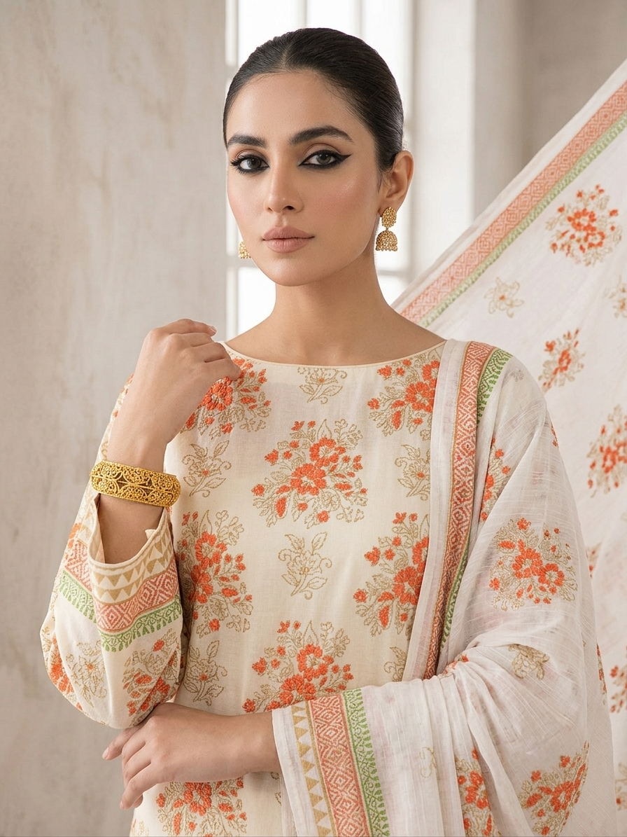Off-White with Orange & Multicolor Gota Kari Block Print Textured Lawn Unstitched Suit | Off-White Rangoli Lawn Jacquard Dupatta - Image 2