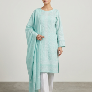 Light Blue with White Tarkashi & Handmade Embroidered Pure Lawn Unstitched Suit | Light Blue Pure Lawn Dupatta