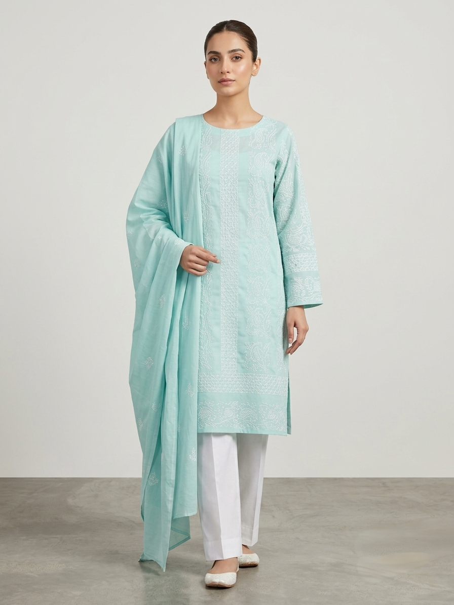 Light Blue with White Tarkashi & Handmade Embroidered Pure Lawn Unstitched Suit | Light Blue Pure Lawn Dupatta