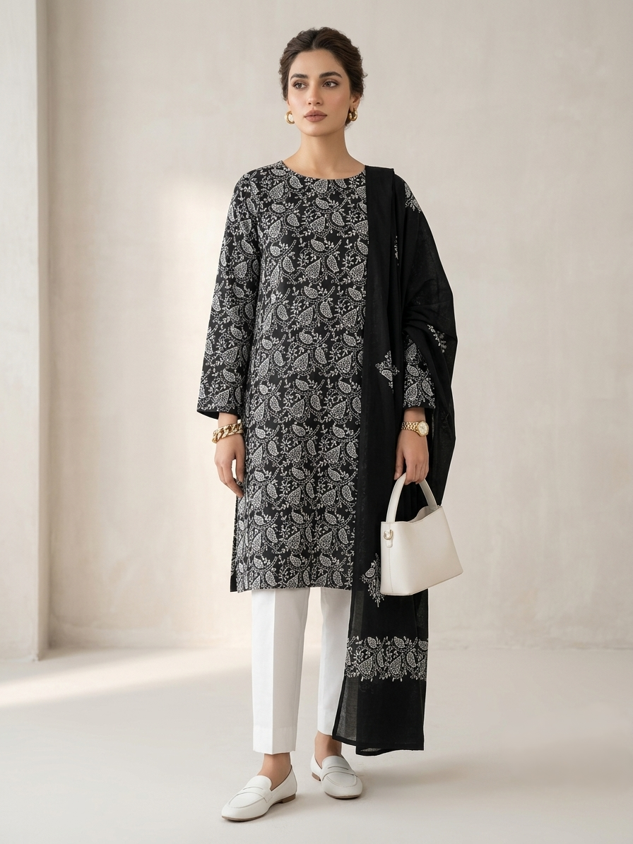 Black with White Handmade Embroidery Premium Lawn Unstitched Suit | Black Pure Lawn Dupatta