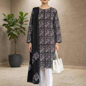 Black with White Handmade Embroidery Pure Lawn Unstitched Suit | Black Pure Lawn Dupatta