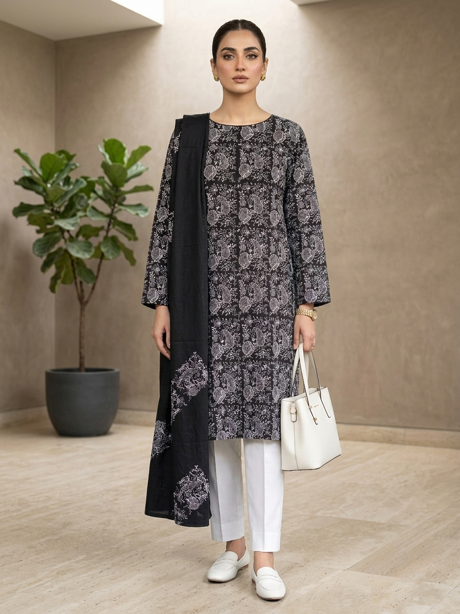 Black with White Handmade Embroidery Pure Lawn Unstitched Suit | Black Pure Lawn Dupatta
