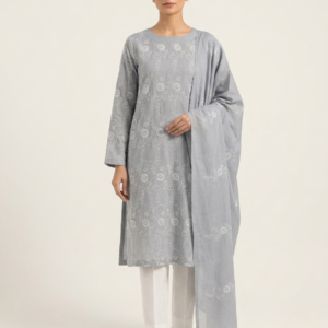 Light Gray with White Floral Embroidery Pure Lawn Unstitched Suit | Light Gray Pure Lawn Dupatta